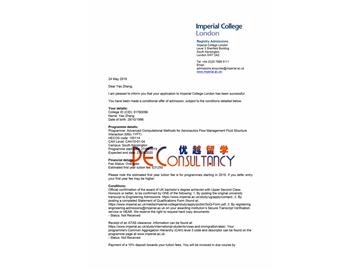 2019offer：恭喜张同学获得帝国理工学院(世界排名：9)高等航空流体管理与流固耦合计算方法专业硕士通知书