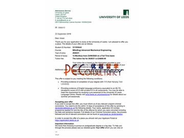 2020offer：恭喜王同学获得利兹大学(世界排名：93)高等机械工程专业硕士通知书