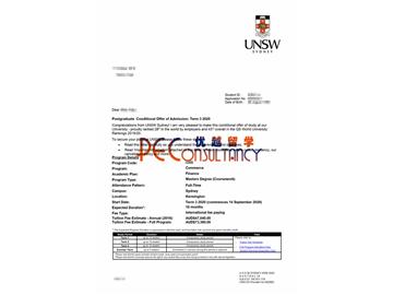 2020offer：恭喜吴同学获得新南威尔士大学(世界排名：43)金融专业硕士通知书