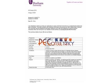 2020offer：恭喜张同学获得杜伦大学(世界排名：78)管理学专业硕士通知书