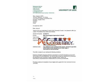 2020offer：恭喜徐同学获得利兹大学(世界排名：93)健康心理研究专业硕士通知书