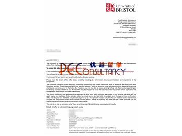 2020offer：恭喜江同学获得布里斯托大学(世界排名：49)会计金融管理专业硕士通知书
