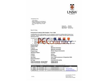2020offer：恭喜李同学获得新南威尔士大学(世界排名：43)材料技术专业硕士通知书