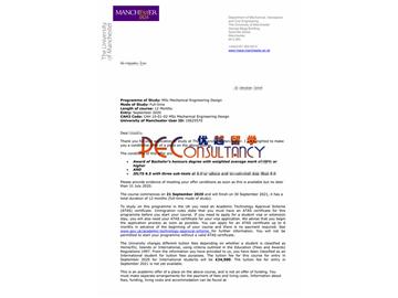 2020offer：恭喜朱同学获得曼彻斯特大学(世界排名：27)机械工程设计专业硕士通知书