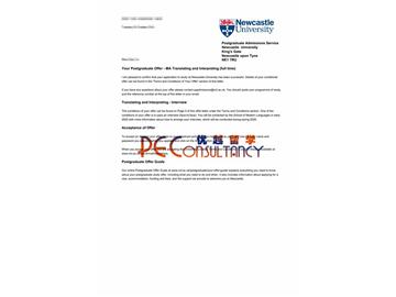 2020offer：恭喜陈同学获得纽卡斯尔大学(世界排名：146)翻译与口译专业硕士通知书