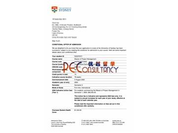 2020offer：恭喜李同学获得悉尼大学(世界排名：42)工程管理专业硕士通知书
