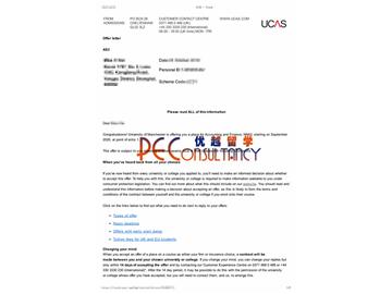 2020offer：恭喜李同学获得曼彻斯特大学(世界排名：27)会计与金融专业本科通知书