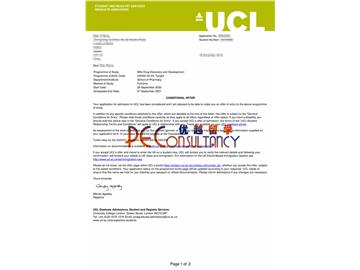 2020offer：恭喜吴同学获得伦敦大学学院(世界排名：8)药物研发专业硕士通知书