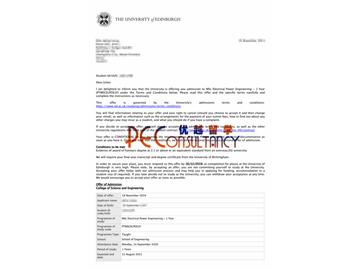 2020offer：恭喜于同学获得爱丁堡大学(世界排名：20)电力工程专业硕士通知书