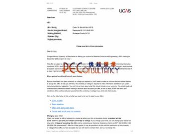 2020offer：恭喜丁同学获得曼彻斯特大学(世界排名：27)材料科学与工程专业本科通知书