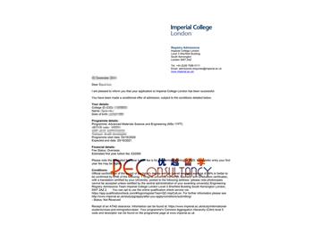 2020offer：恭喜丁同学获得帝国理工学院(世界排名：9)高等材料与工程专业硕士通知书