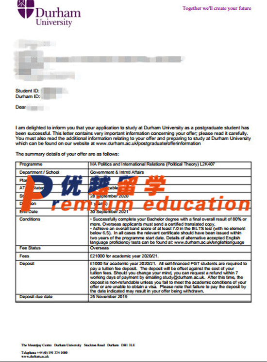 2020offer：恭喜刘同学获得杜伦大学(世界排名：78)政治与国际关系专业硕士通知书
