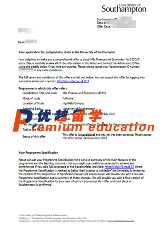 2020offer：恭喜李同学获得南安普顿大学(世界排名：97)金融经济学专业硕士通知书