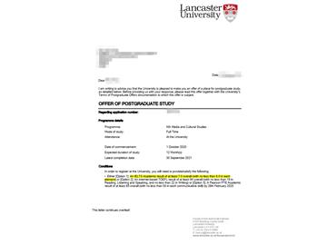 2020offer：恭喜方同学获得兰卡斯特大学(世界排名：128)媒体与文化研究专业硕士通知书