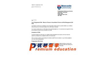 2020offer：恭喜金同学获得纽卡斯特大学(世界排名：146)量化金融与风险管理专业硕士通知书
