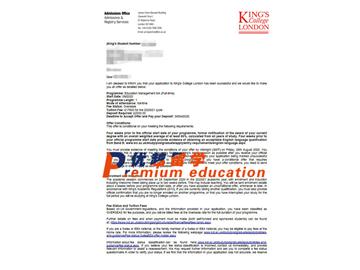 2020offer：恭喜王同学获得伦敦国王学院(世界排名：33)教育管理专业硕士通知书