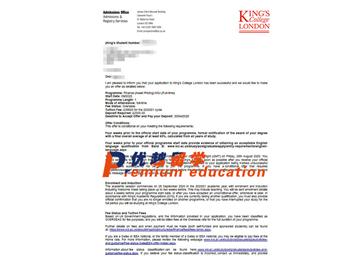 2020offer：恭喜刘同学获得伦敦国王学院(世界排名：33)金融(资产定价)专业硕士通知书