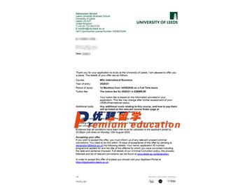 2020offer：恭喜成同学获得利兹大学(世界排名：93)国际商务专业硕士通知书