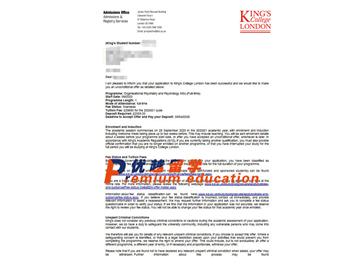 2020offer：恭喜刘同学获得伦敦国王学院(世界排名：33)组织精神病学和心理学专业硕士通知书