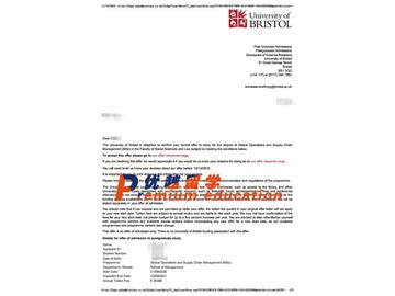 2020offer：恭喜朱同学获得布里斯托大学(世界排名：49)全球运营与供应链管理专业硕士通知书