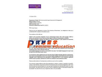 2020offer：恭喜甄同学获得曼彻斯特大学(世界排名：27)环境影响评价与管理专业硕士通知书