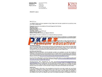 2020offer：恭喜张同学获得伦敦国王学院(世界排名：33)会计、责任与财务管理专业硕士通知书