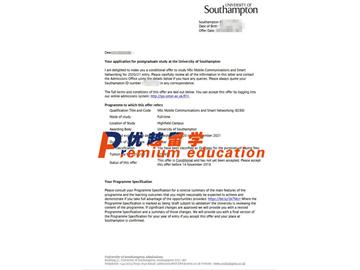2020offer：恭喜王同学获得南安普顿大学(世界排名：97)移动通信与智能网络专业硕士通知书