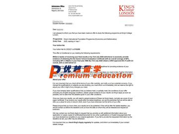 2020offer：恭喜赵同学获得伦敦国王学院(世界排名：33)经济与数学专业国际预科通知书
