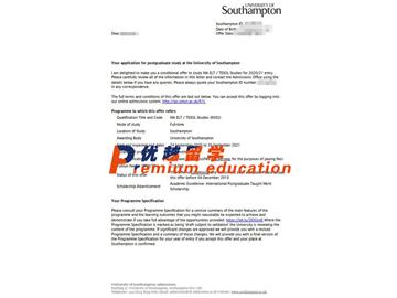 2020offer：恭喜周同学获得南安普顿大学(世界排名：97)英语/英语教学专业硕士通知书