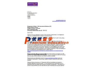 2020offer：恭喜朱同学获得曼彻斯特大学(世界排名：27)国际关系专业硕士通知书
