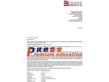 2020offer：恭喜钱同学获得布里斯托大学(世界排名：49)影视专业硕士通知书