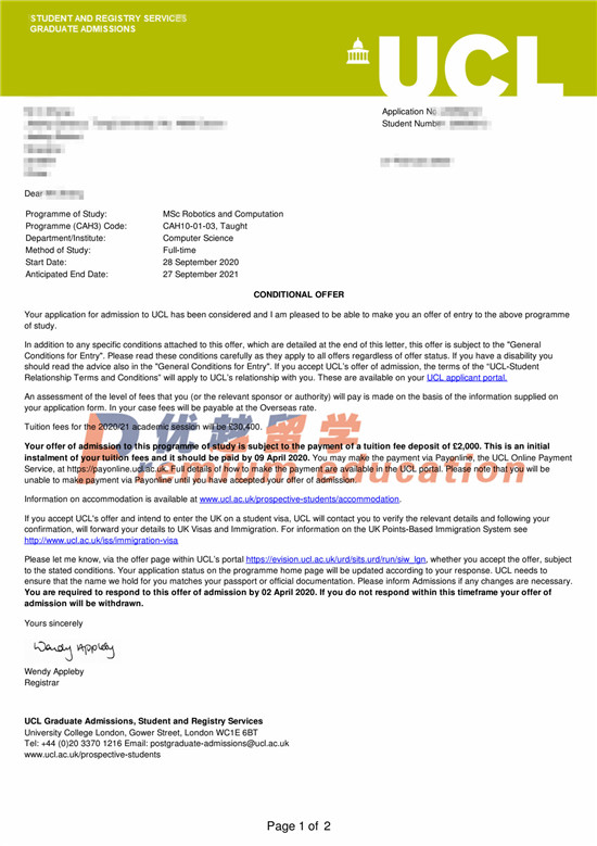 2020offer：恭喜罗同学获得伦敦大学学院机器人计算专业硕士通知书