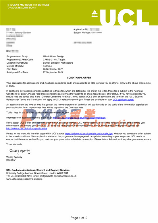 2020offer：恭喜朱同学获得伦敦大学学院城市设计专业硕士通知书