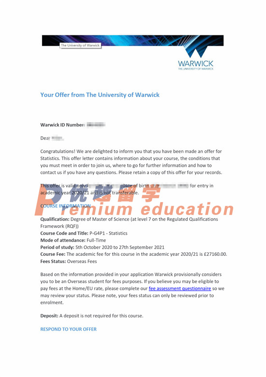 2020offer：恭喜刘同学获得华威大学统计学专业硕士通知书