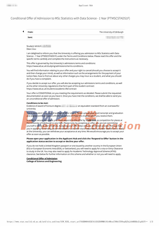 2020offer：恭喜韩同学获得爱丁堡大学数据统计专业硕士通知书