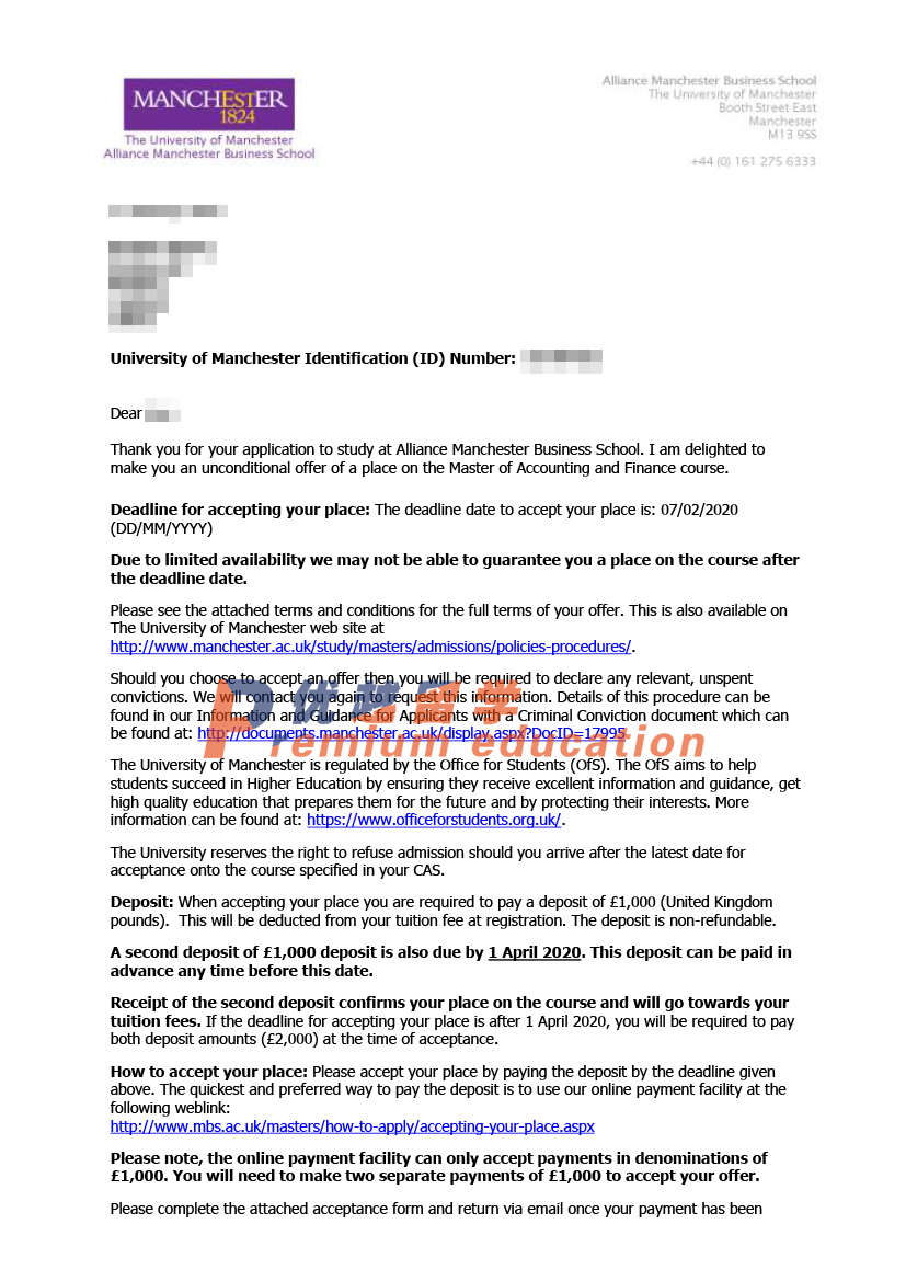 2020offer：恭喜徐同学获得曼彻斯特大学会计金融专业硕士通知书