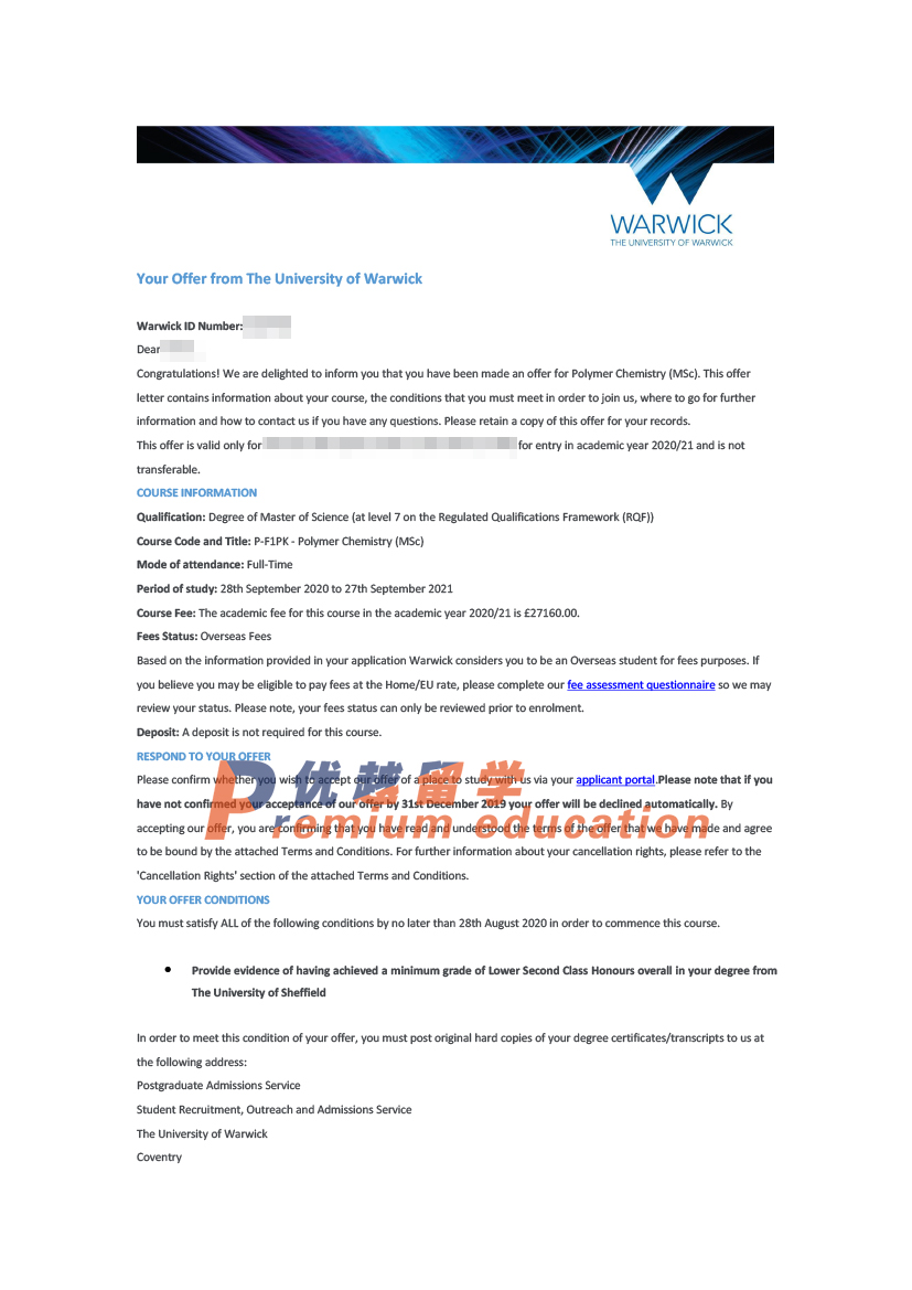 2020offer：恭喜夏同学获得华威大学高分子化学专业硕士通知书