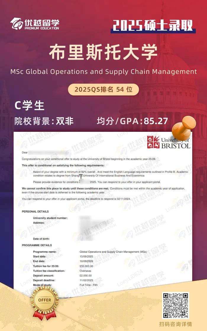 25fall offer雨来袭：布里斯托大学连下4封硕士offer ！-优越留学